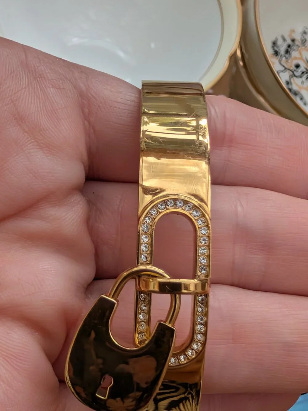 Michael Kors designer vintage Lock Charm rhinestone gold cuff bangle bracelet